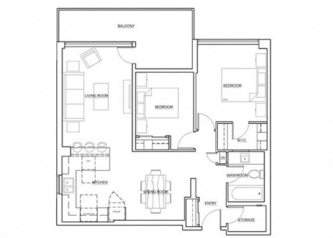 Floor plan for 2 beds, 1 bath, 833 sqft